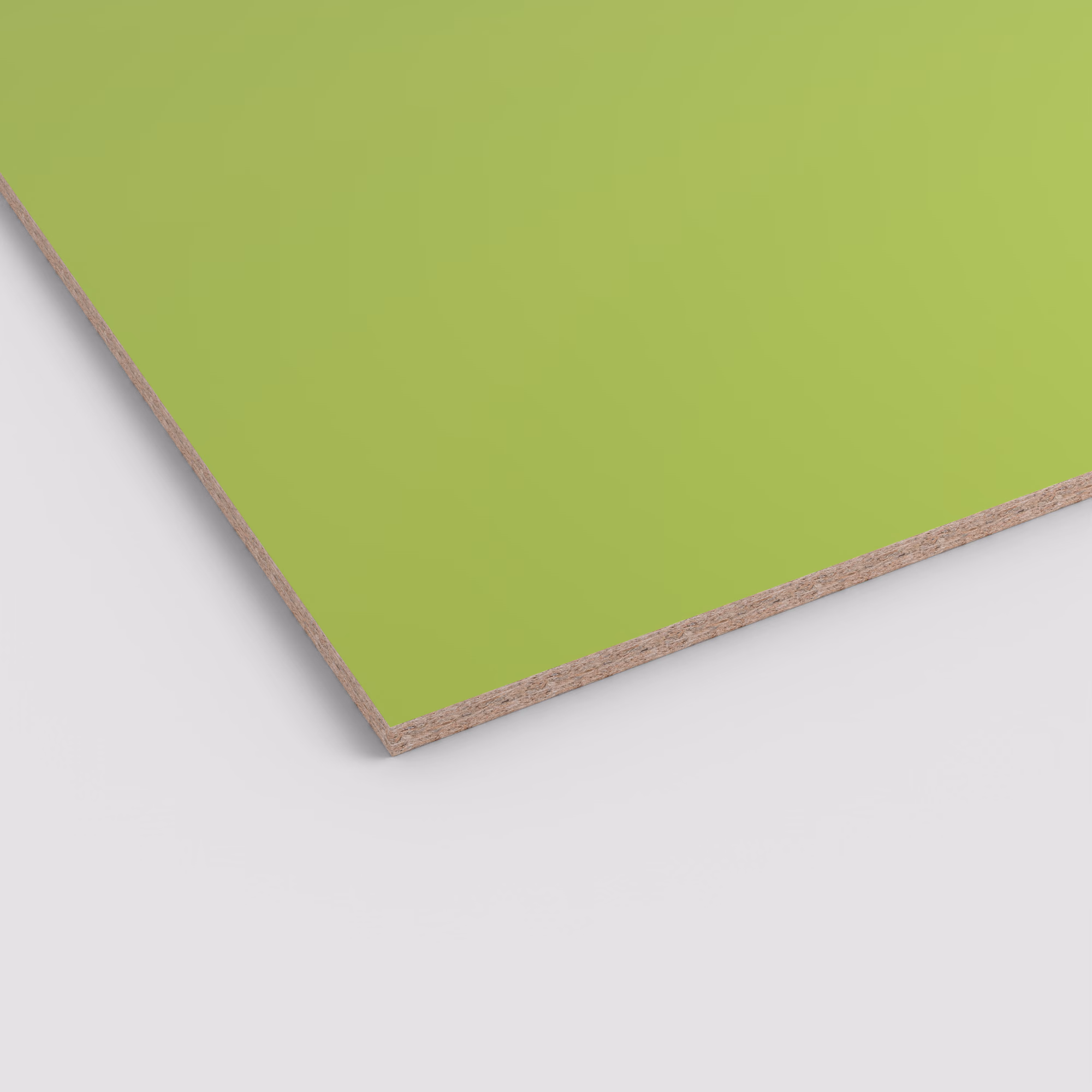 egger-8-mm-egger-eurodekor-span-u630-st9-8x2070x2800mm-recyclebar-abriebfest-lichtecht-antimikrobielle-oberflaeche-span-01 Hellgrüne Egger Eurodekor Spanplatte U630 ST9. Die 8mm starke Dekorspanplatte zeigt eine glatte unifarbene Oberfläche und einen sichtbaren Spanplattenkern an der Schnittkante.