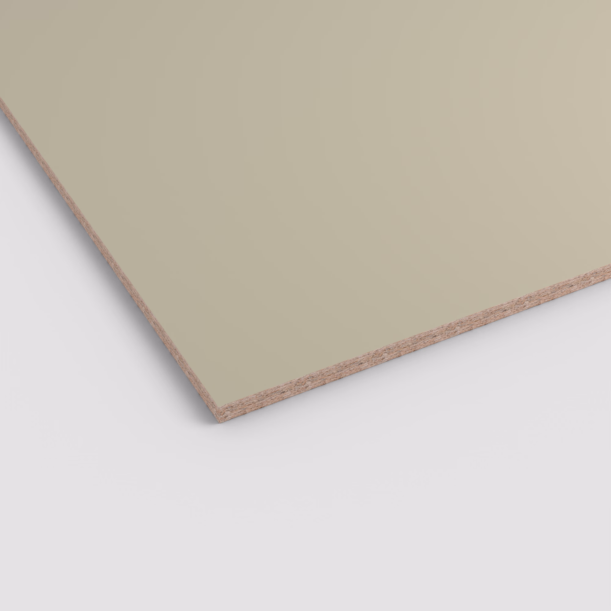 EGGER Eurodekor Spanplatte U638 ST9. Matte, unifarbene Oberfläche in Beige mit sichtbarem Spanplattenkern an der Kante. 19mm stark, abriebfest und antimikrobiell.