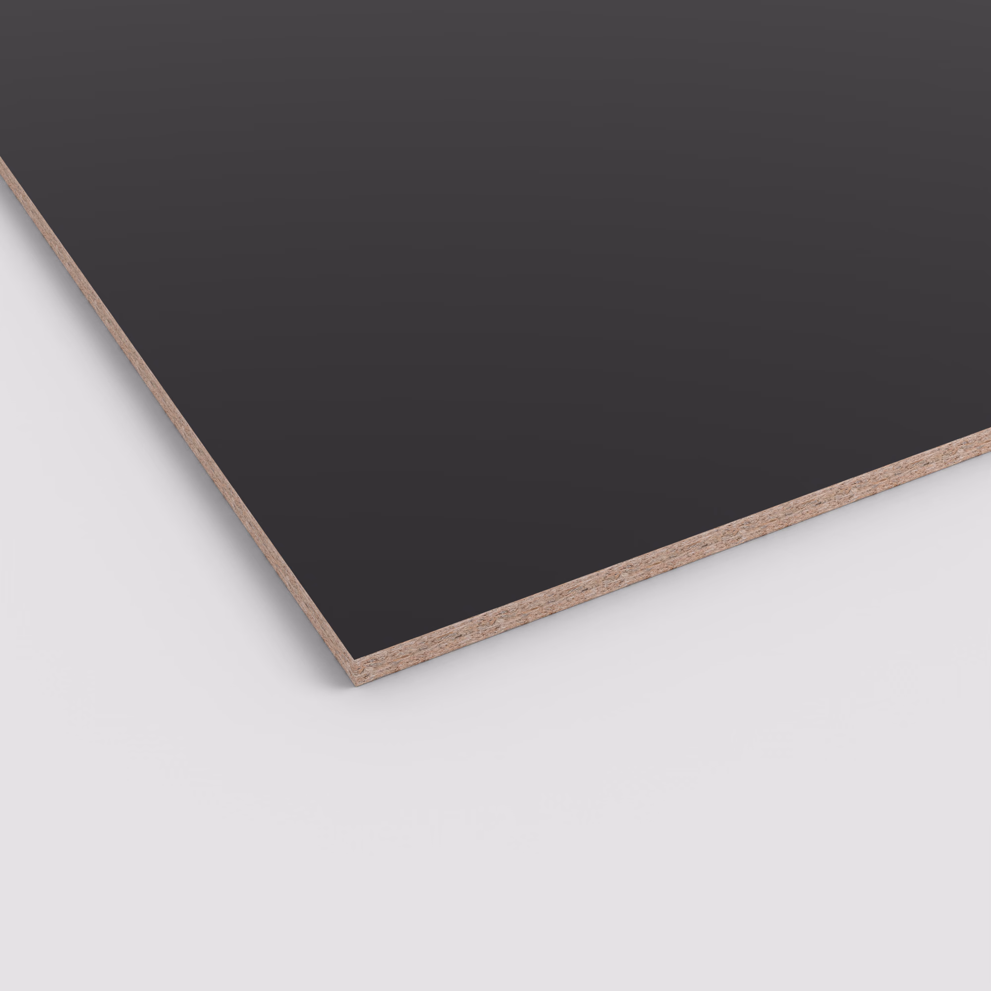 EGGER Eurodekor Dekorspanplatte U999 ST7 in Schwarz, 25mm stark. Robuste, matte Unifarben-Oberfläche mit sichtbarem Spanplattenkern an der Kante.