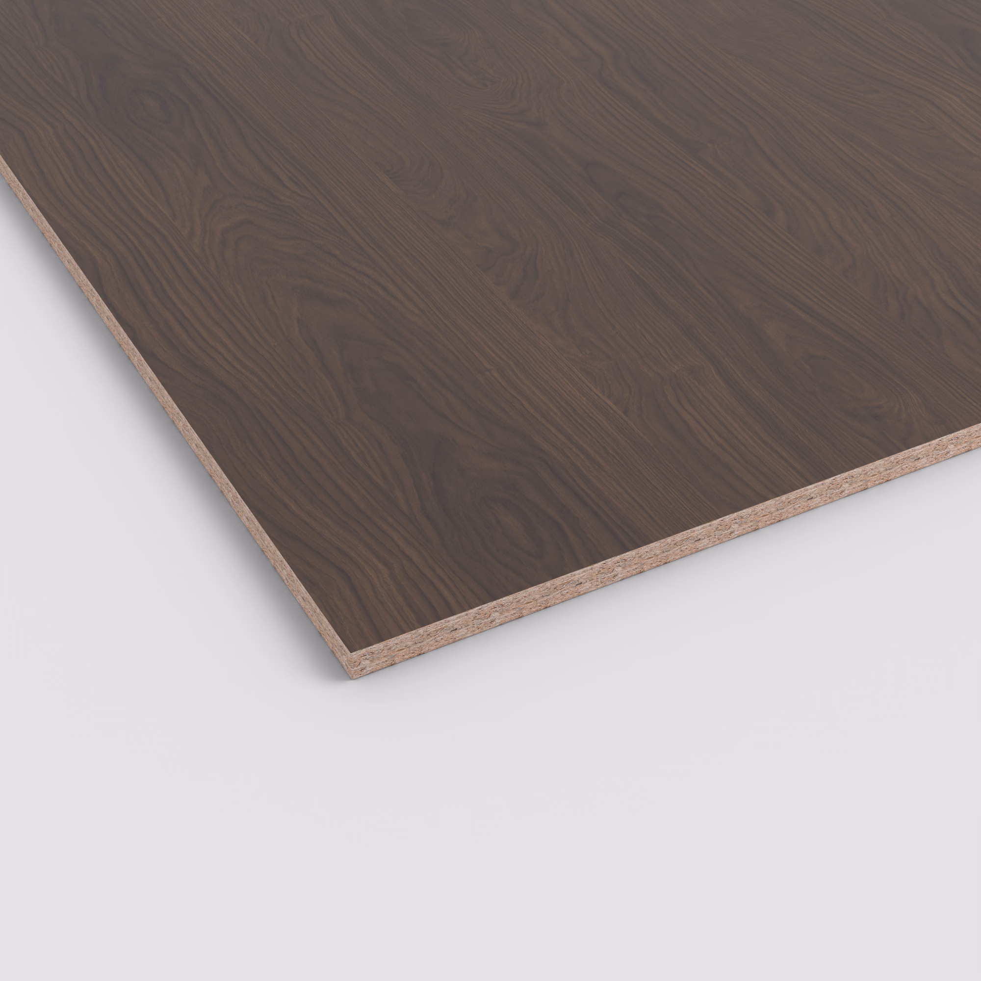 Dunkelbraune Egger Eurodekor Dekorspanplatte H1369 ST40. Die Oberfläche zeigt eine tiefe Holzmaserung, die Kante den 19,6 mm Spanplattenkern. Robust und lichtecht.