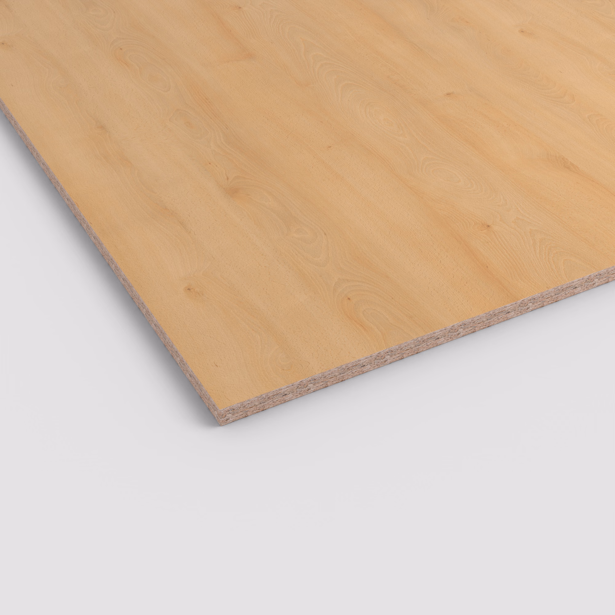 egger-8-mm-egger-eurodekor-span-h1910-st9-8x2070x2800mm-recyclebar-abriebfest-lichtecht-antimikrobielle-oberflaeche-span-holz-01 Egger Eurodekor Spanplatte H1910 ST9 (8 mm) mit hellem Holzdekor und natürlicher Maserung. Die Schnittkante zeigt den robusten Spanplattenkern. Abriebfest und lichtecht.
