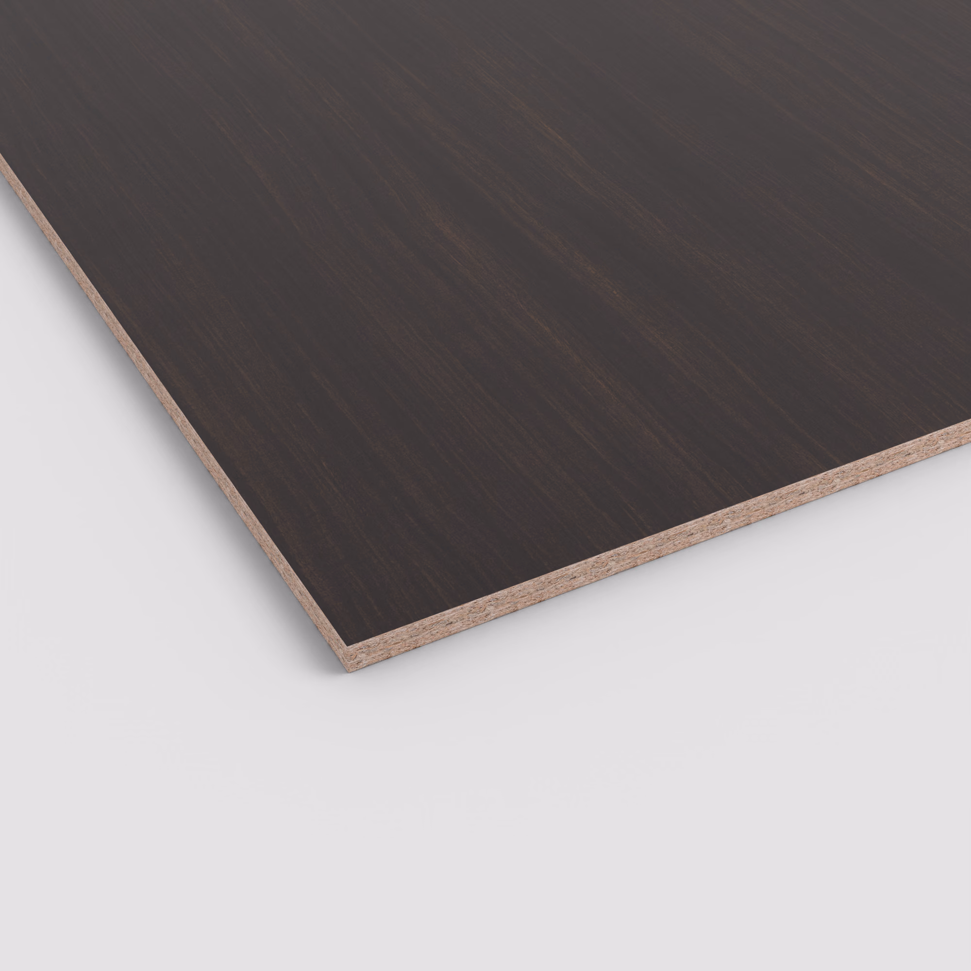 egger-8-mm-egger-eurodekor-span-h3043-st12-8x2070x2800mm-recyclebar-abriebfest-lichtecht-antimikrobielle-oberflaeche-span-holz-01 EGGER Eurodekor Dekorspanplatte H3043 in 8 mm Stärke. Die Oberfläche zeigt ein dunkles, edles Holzdekor, während die Kante den groben Span-Kern der Platte enthüllt.