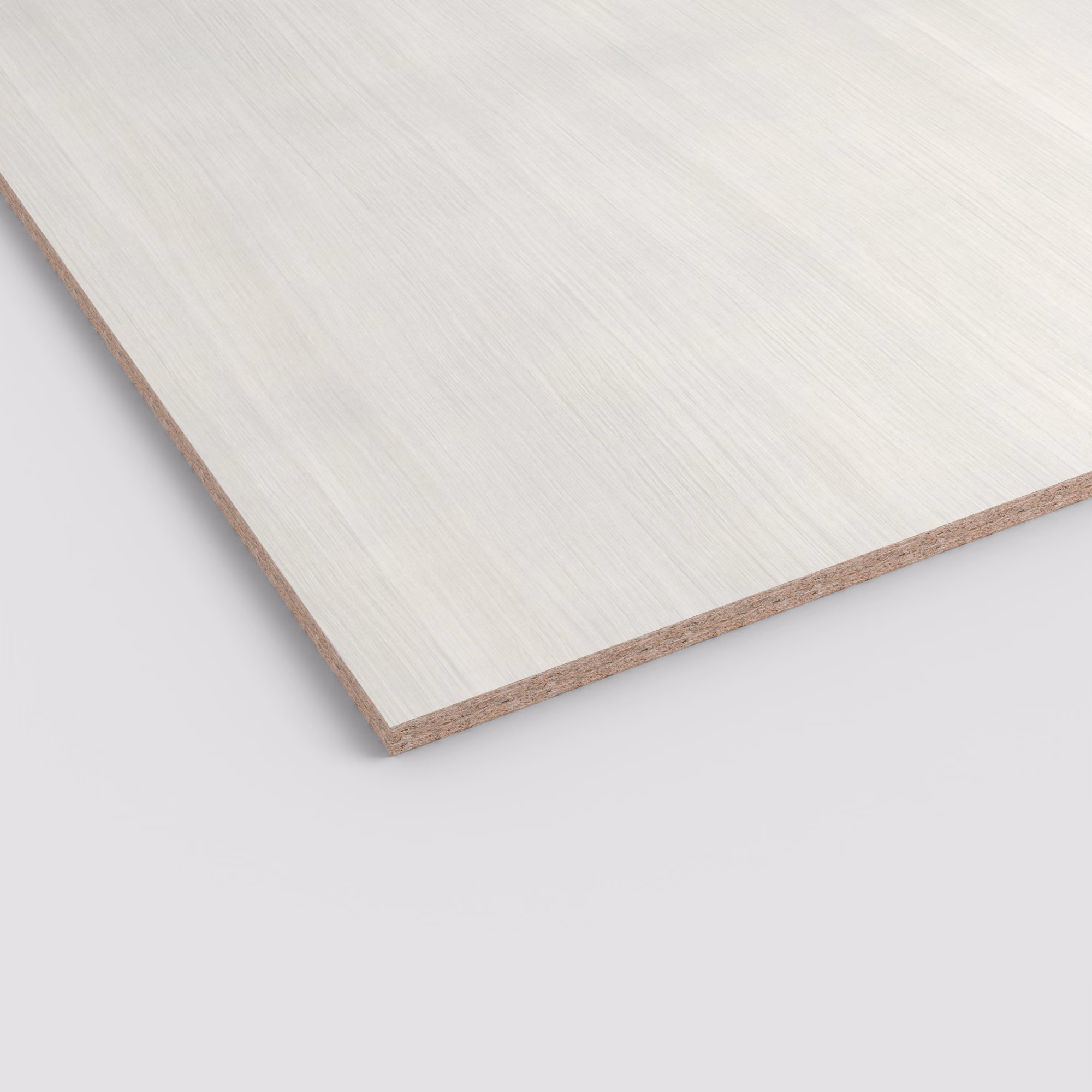Egger Dekorspanplatte H3195 ST19 mit weißer, feiner Holzstruktur. Die Ansicht zeigt die 19mm starke Kante und den Spanplattenkern. Robuste, abriebfeste Oberfläche.