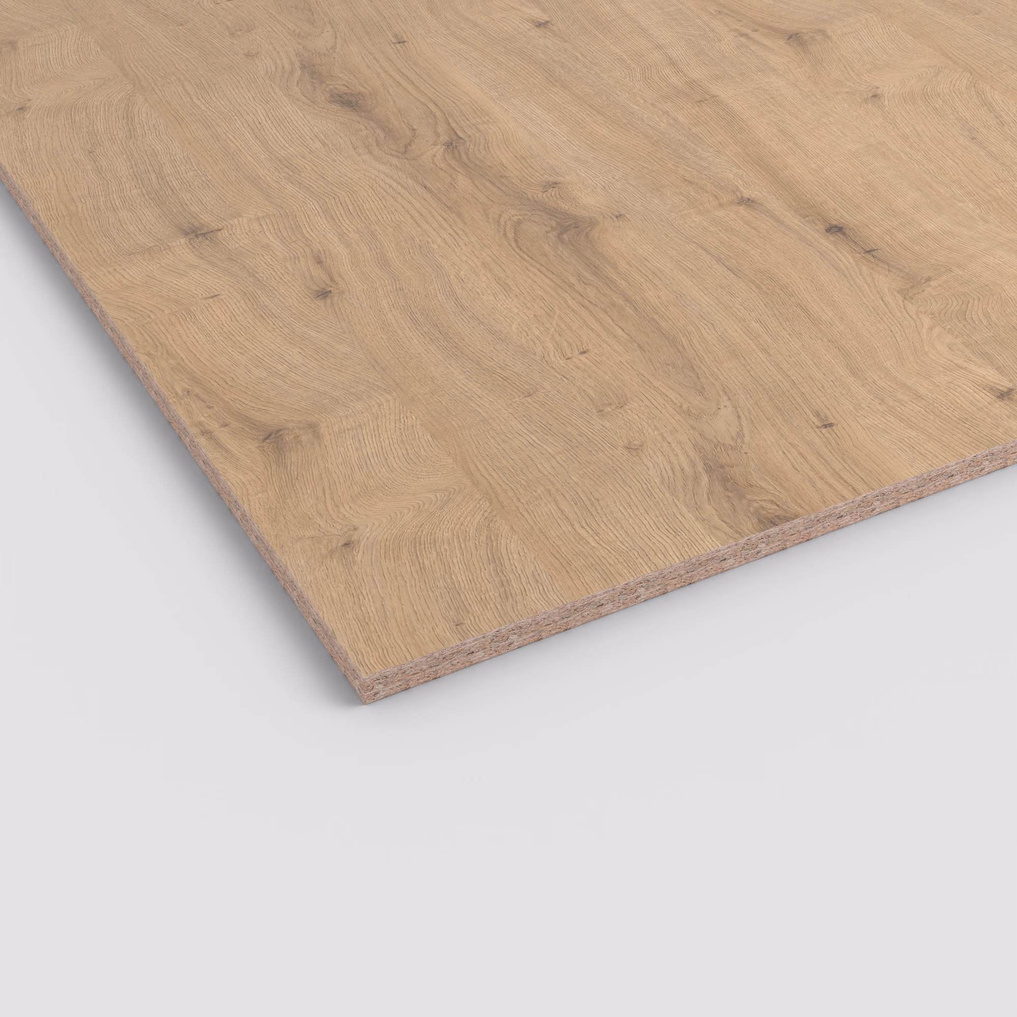 egger-25-mm-egger-eurodekor-span-h3359-st32-25x2070x2800mm-recyclebar-abriebfest-lichtecht-antimikrobielle-oberflaeche-span-01 Hellbraune EGGER Eurodekor Spanplatte H3359 ST32 (25 mm) mit realistischer Eichenmaserung. Die Schnittkante zeigt den groben Spankern.