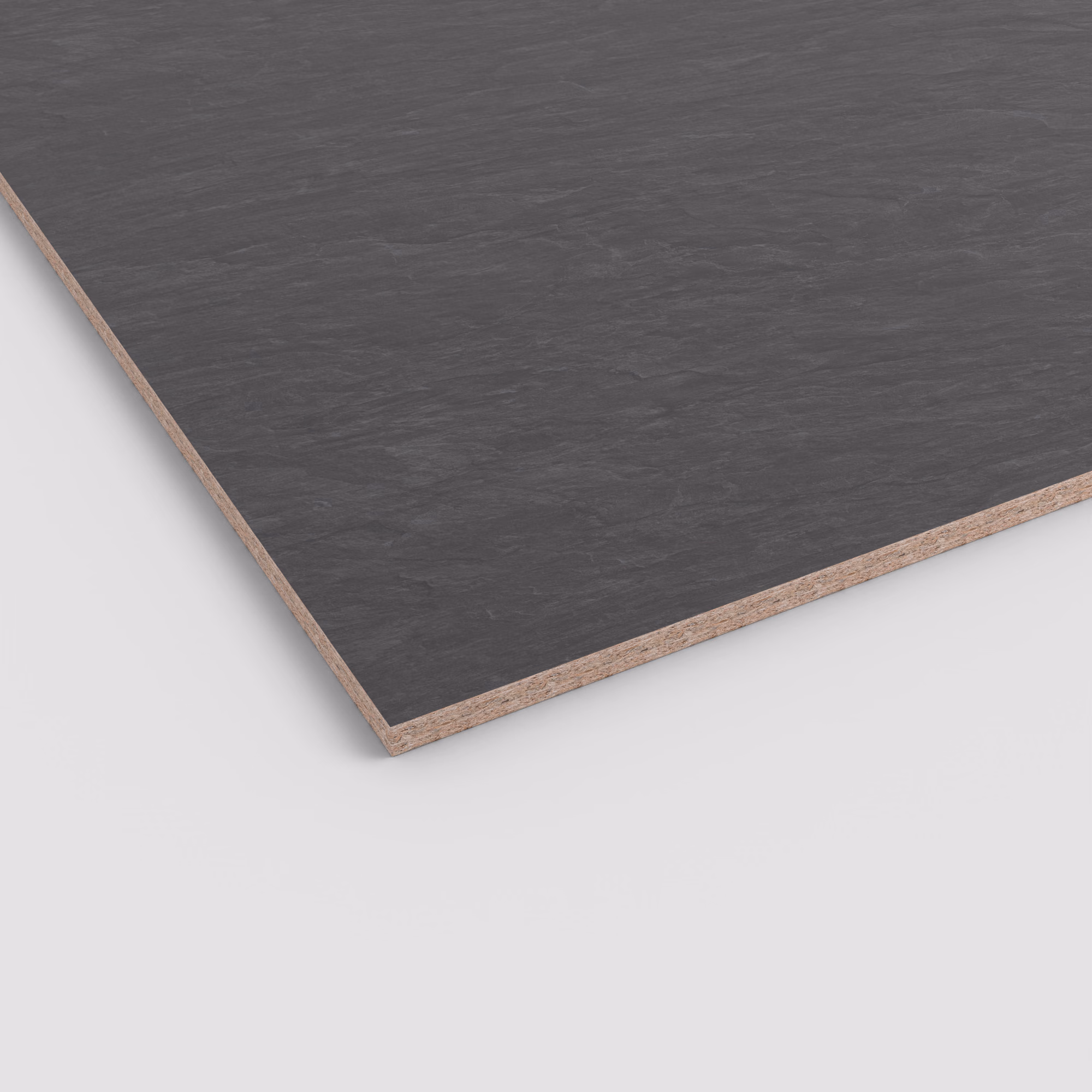 egger-19-mm-egger-eurodekor-span-f235-st76-19x2070x2800mm-recyclebar-abriebfest-fantasy-lichtecht-antimikrobielle-oberflaeche-span-01 EGGER Dekorspanplatte F235 ST76 in dunkelgrauer Schieferoptik. 19mm starke Eurodekor Platte (2800x2070mm) mit robuster, antimikrobieller Oberfläche und sichtbarem Spanplattenkern an der Kante.