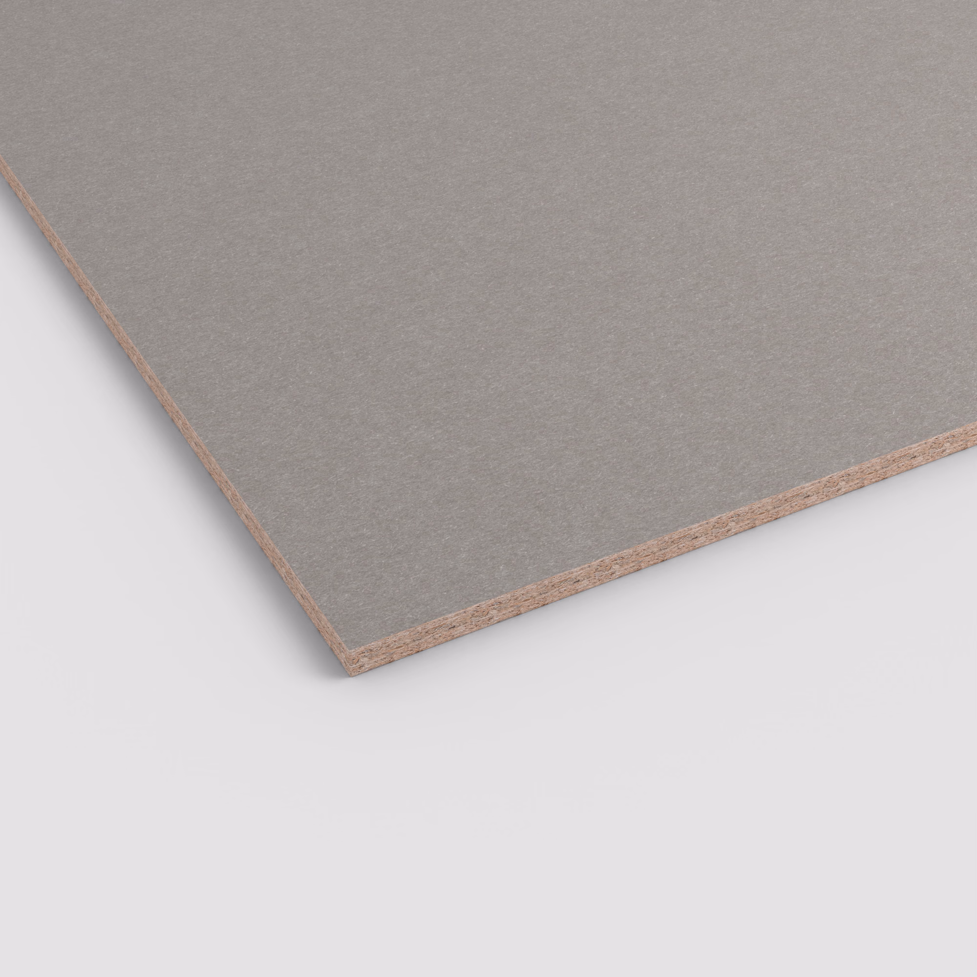 Hellgraue EGGER Eurodekor Span F634 ST76, 2800x2070x19 mm. Matte, feine Oberfläche mit sichtbarer Spanplattenkante. Antimikrobiell, lichtecht und abriebfest.