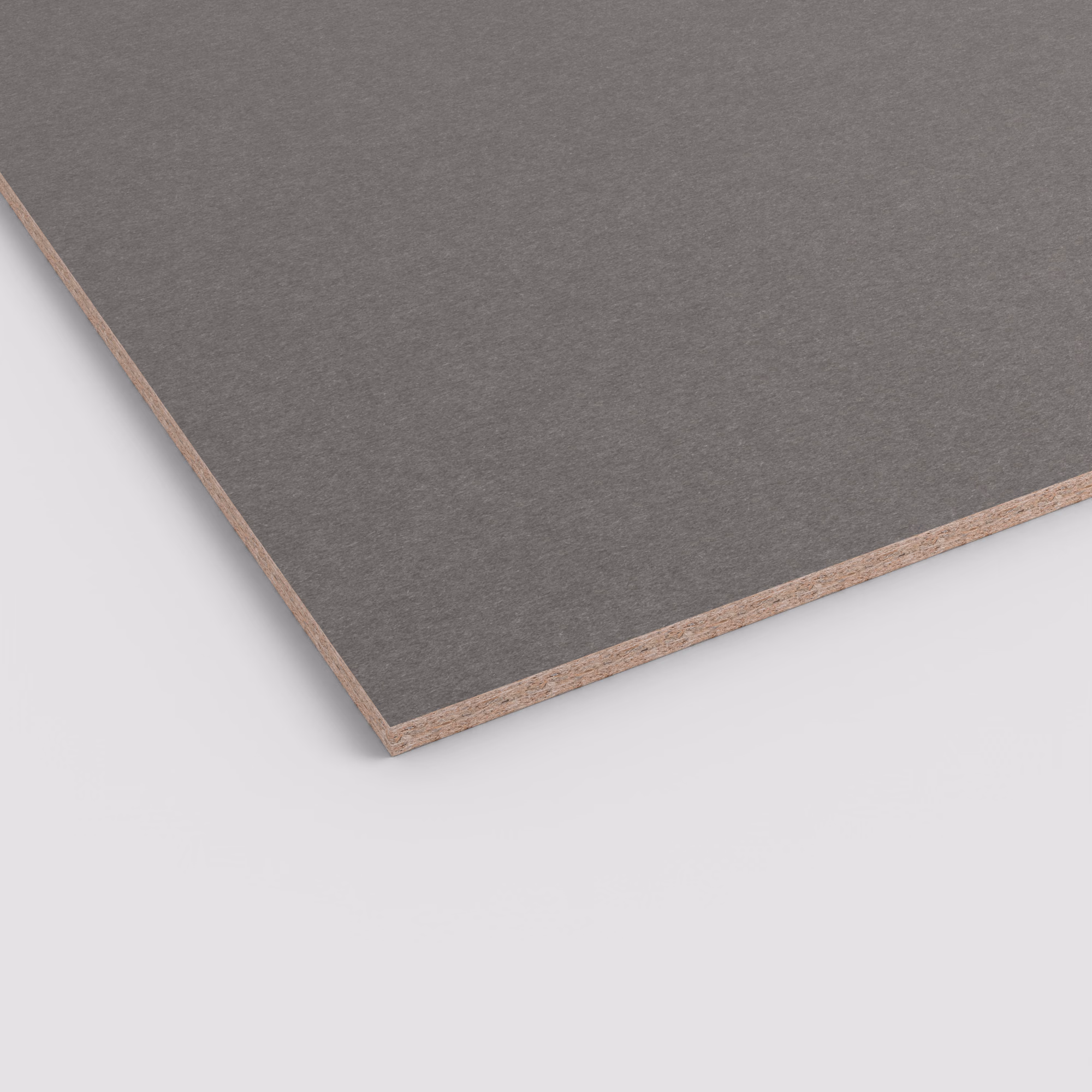 egger-19-mm-egger-eurodekor-span-f635-st76-19x2070x2800mm-recyclebar-abriebfest-fantasy-lichtecht-antimikrobielle-oberflaeche-span-01 Eckaufnahme der Egger Eurodekor Spanplatte F635 ST76 in 19mm Stärke. Die dunkelgraue, matte Oberfläche ist abriebfest und antimikrobiell; die Schnittkante zeigt den groben Spanplattenkern.