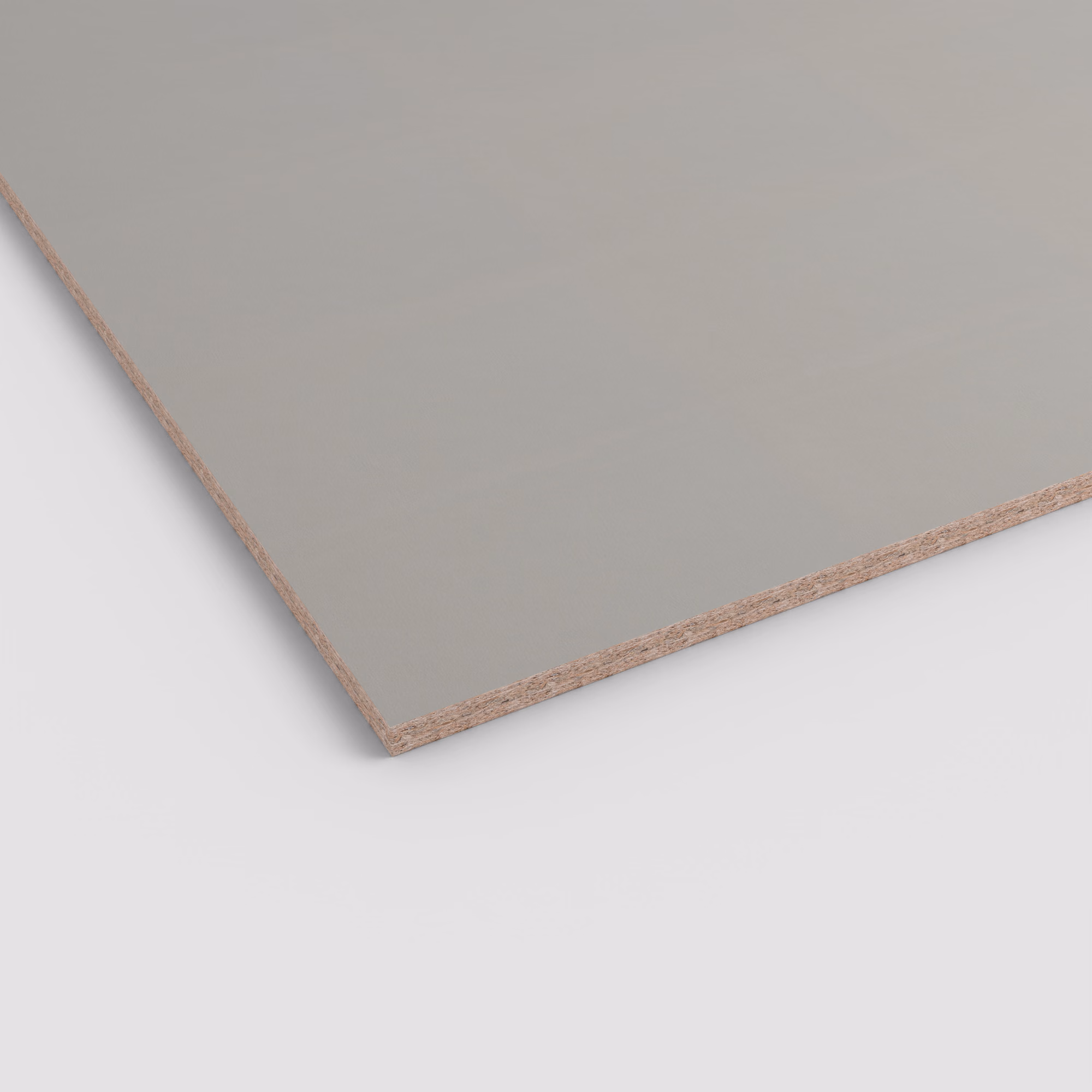 EGGER Dekorspanplatte F765 ST20 mit gleichmäßiger, grauer Oberfläche und sichtbarem Spanplattenkern an der Kante. Die 19 mm starke Platte (2800 x 2070 mm) ist abriebfest und antimikrobiell.