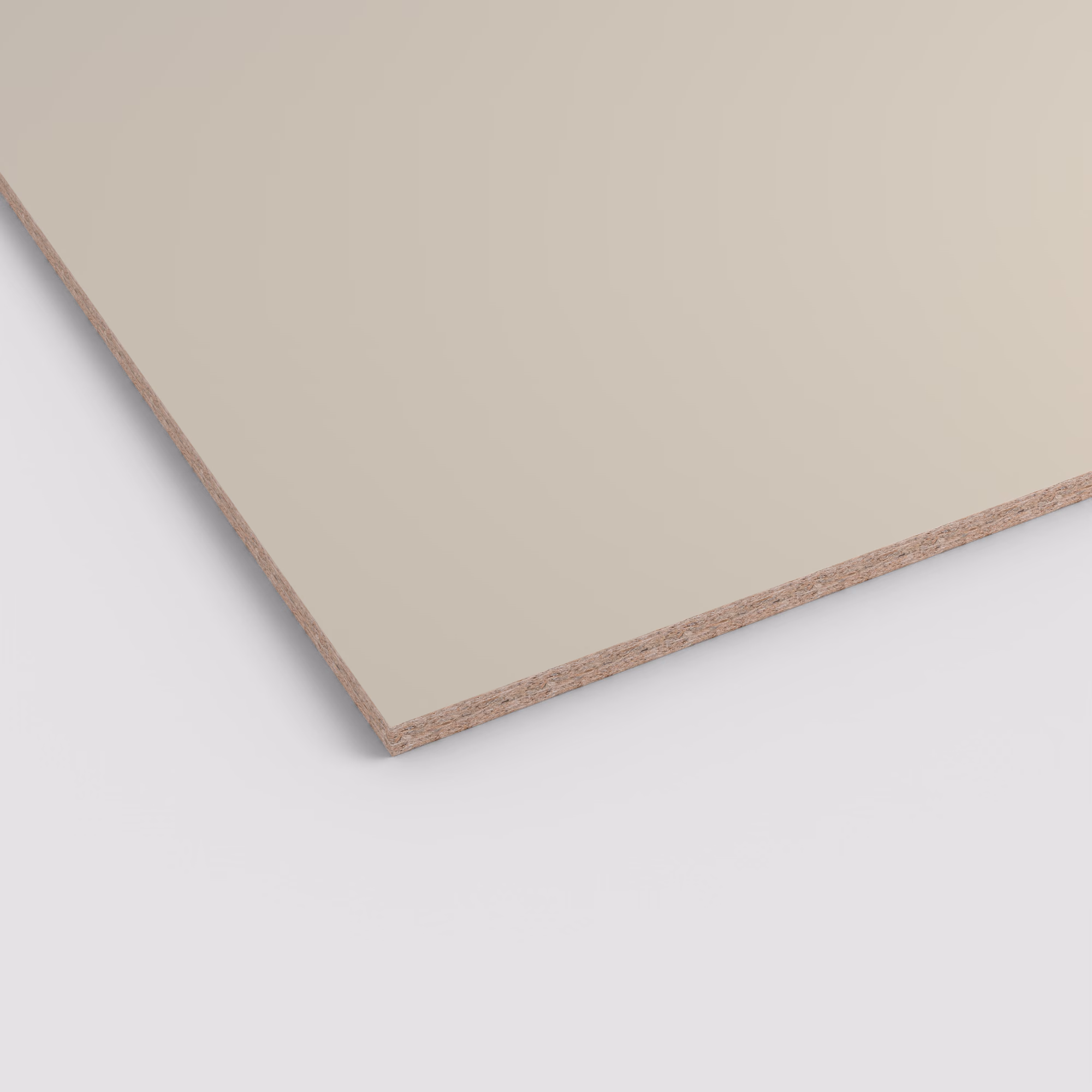 egger-19-mm-egger-perfectsense-lackplatte-span-matt-u750-tm9-19x2070x2800mm-fleckenunempfindlich-unifarben-matte-oberflaeche-antibakterielle-oberflaeche-vertraeglich-mit-haushal-01 19 mm starke EGGER PerfectSense Spanplatte mit matter, beiger Lackoberfläche im Dekor U750 TM9. Die Anschnittkante zeigt den inneren Spanplattenaufbau.