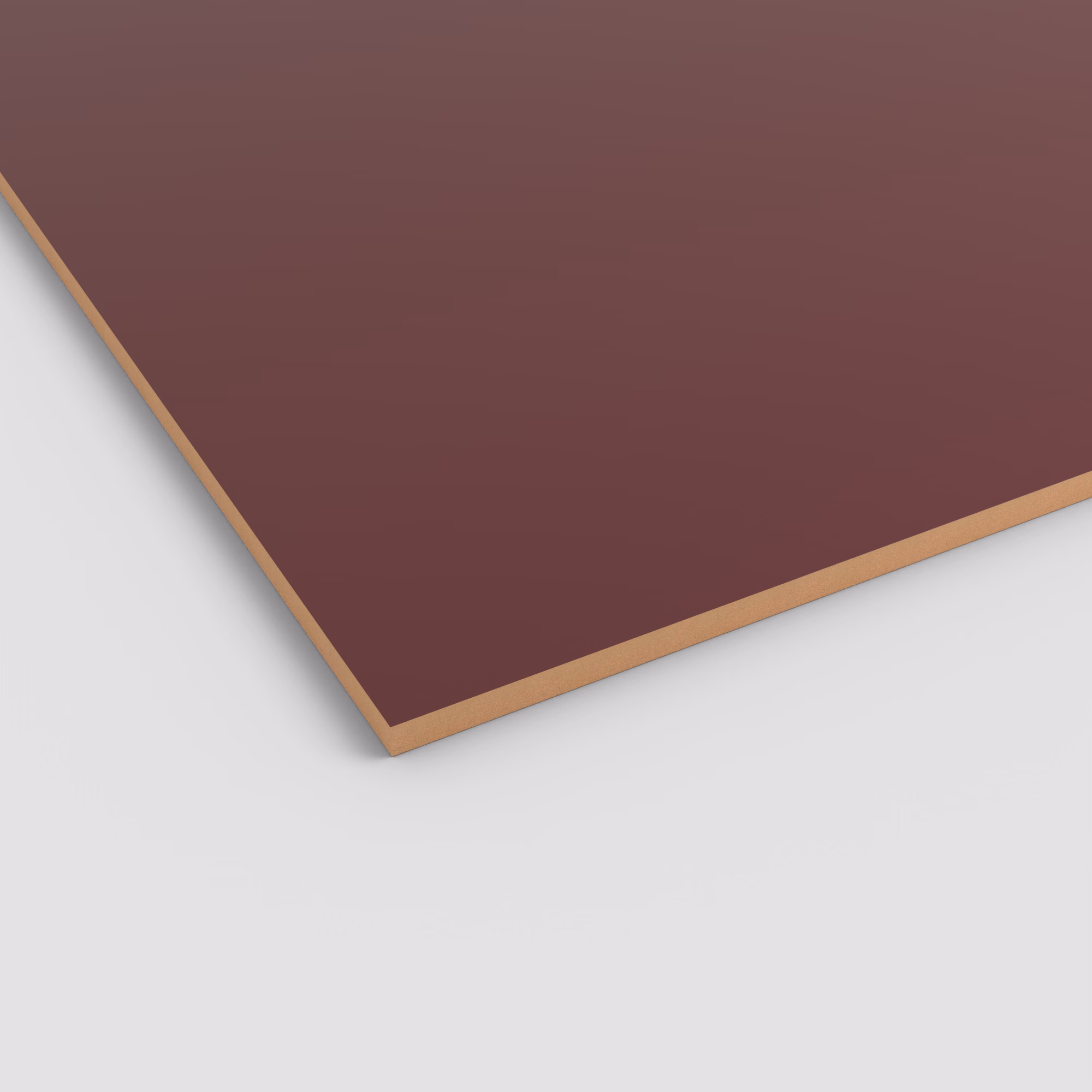 EGGER PerfectSense Matt MDF-Platte in Dunkelrot (U399), 19 mm stark. Die Ansicht zeigt die extrem matte, kratzfeste Oberfläche und den braunen MDF-Kern an der Kante.