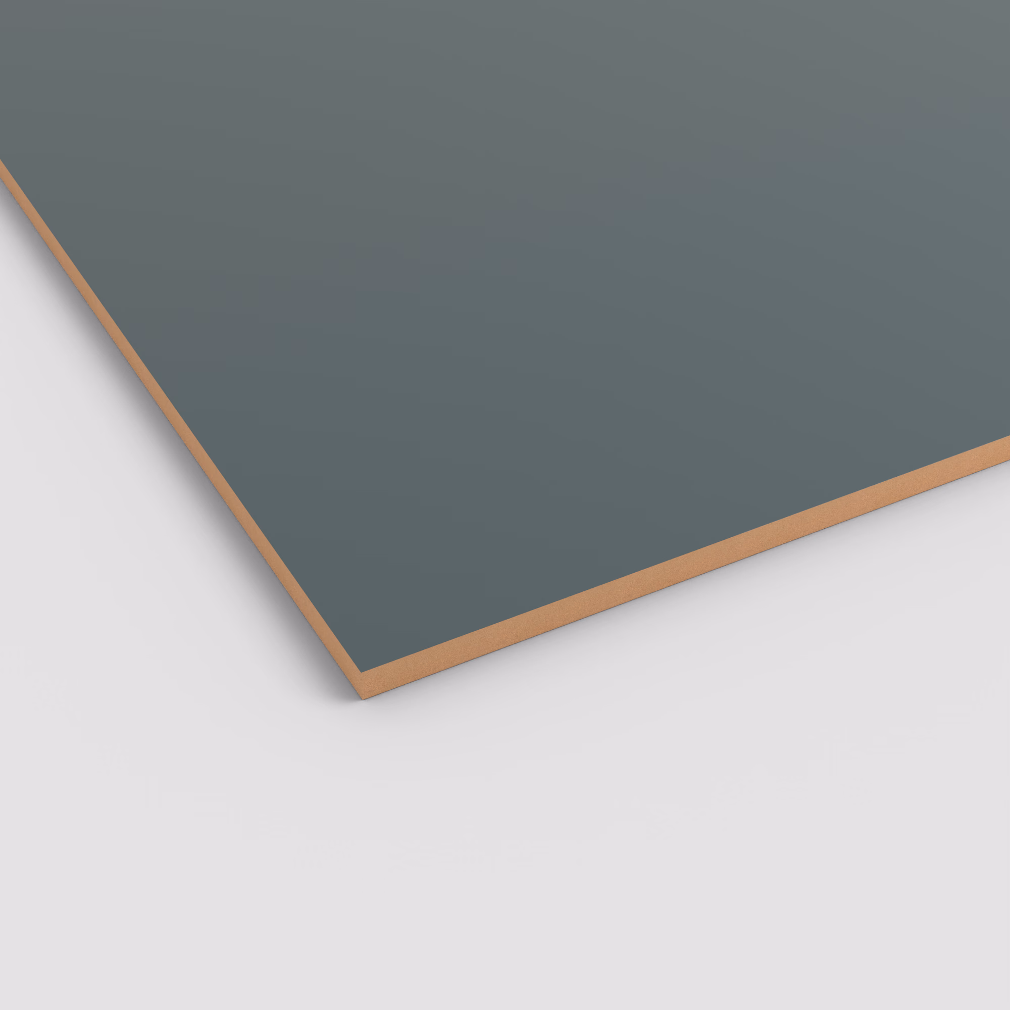 Matte EGGER PerfectSense MDF Lackplatte U665 PM in Dunkelgrau. Die 19mm starke Platte hat eine kratzfeste, antibakterielle unifarbene Oberfläche und eine sichtbare braune MDF-Kante.