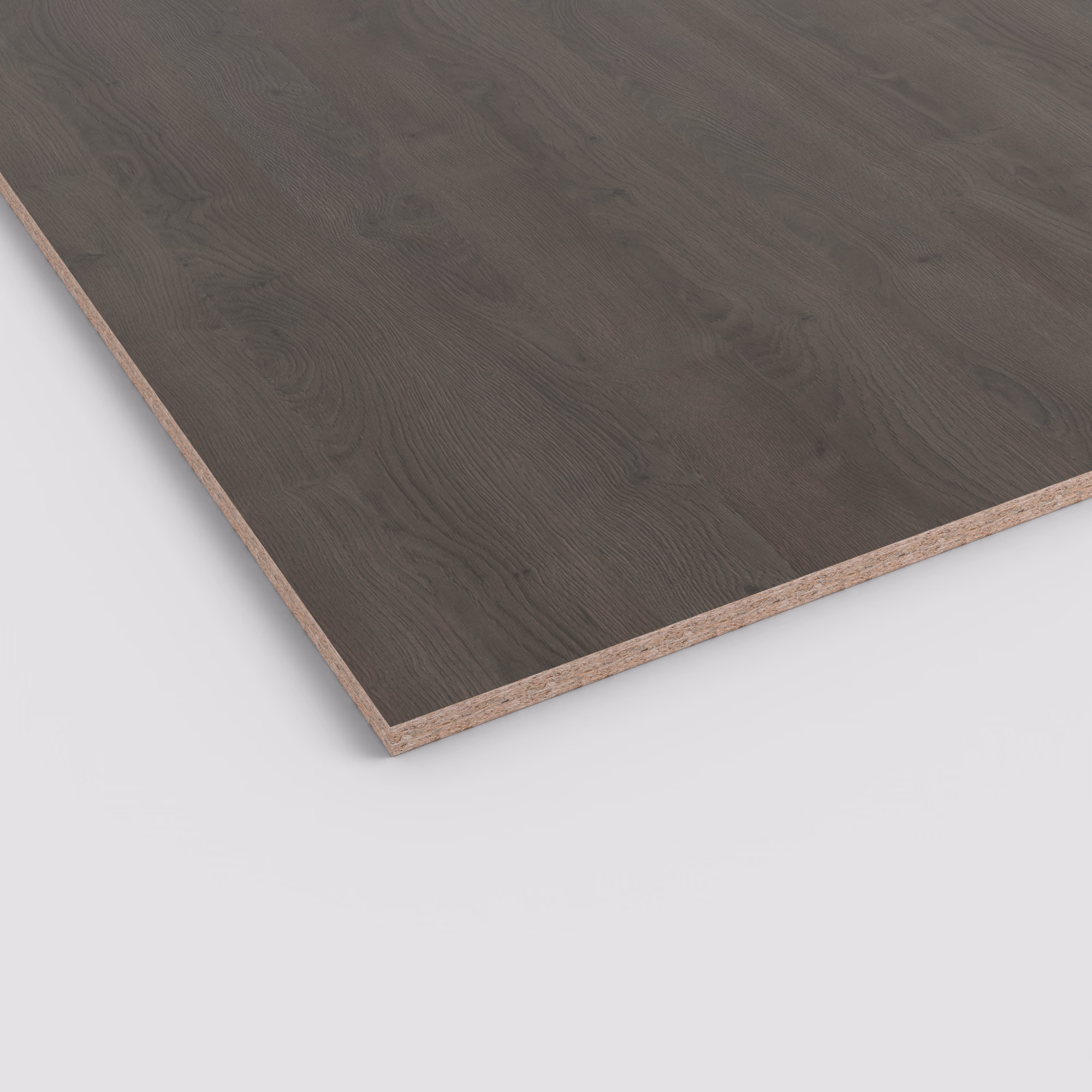 egger-196-mm-egger-perfectsense-matt-lackplatte-span-h3342-tm28-196x2070x2800mm-fleckenunempfindlich-matte-oberflaeche-antibakterielle-oberflaeche-vertraeglich-mit-haushaltsuebl-01 Egger PerfectSense Matt Spanplatte H3342 mit edler, dunkler Holzmaserung. Die Kantenansicht zeigt den stabilen Spanplattenkern unter der matten Anti-Fingerprint Oberfläche.