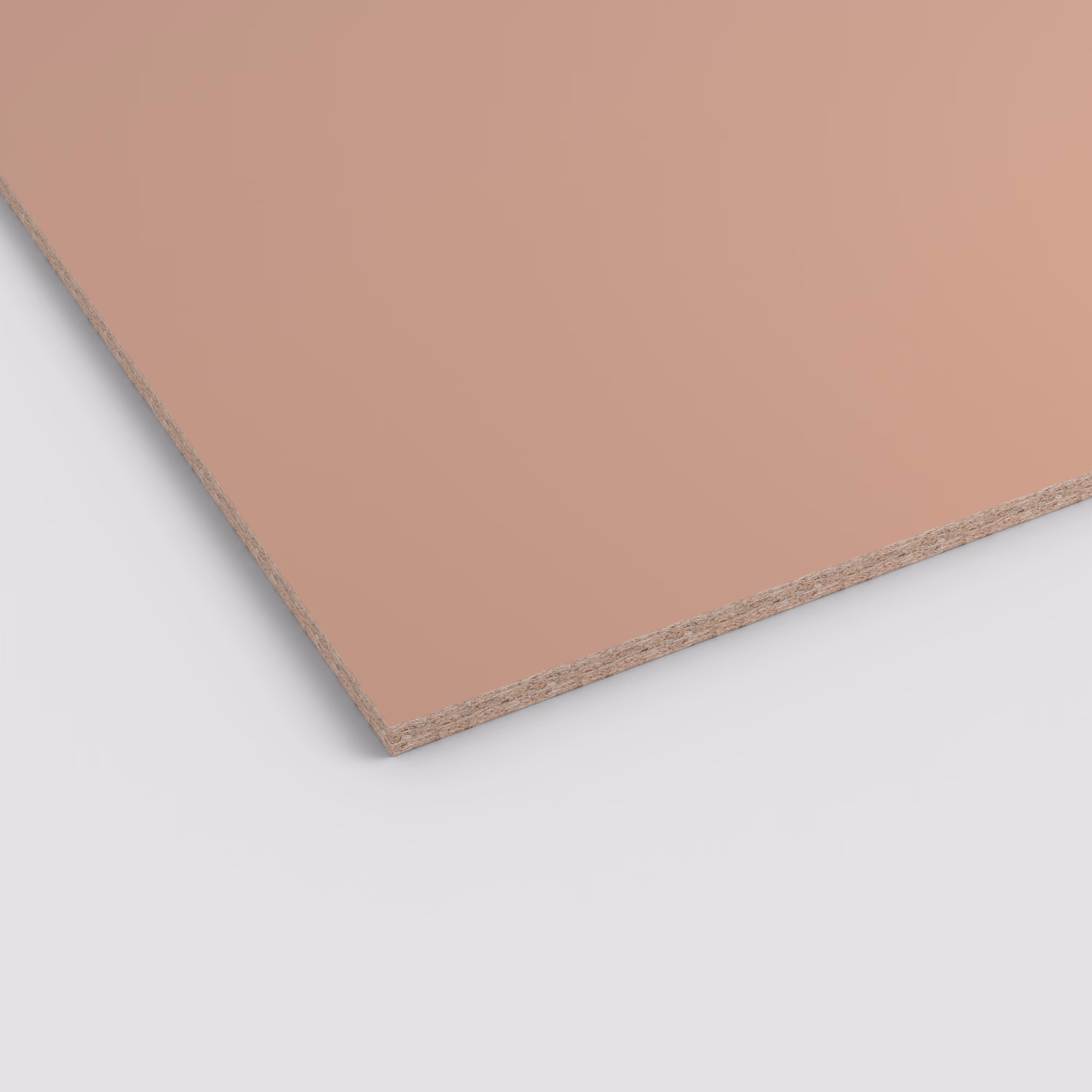 egger-19-mm-egger-eurodekor-span-u232-st9-19x2070x2800mm-recyclebar-abriebfest-lichtecht-antimikrobielle-oberflaeche-span-01 Ecke einer EGGER Eurodekor Dekorspanplatte U232 ST9 in mattem Nude-Rosa. Die Kante zeigt den 19 mm starken Span-Träger. Robuste, antimikrobielle Oberfläche.