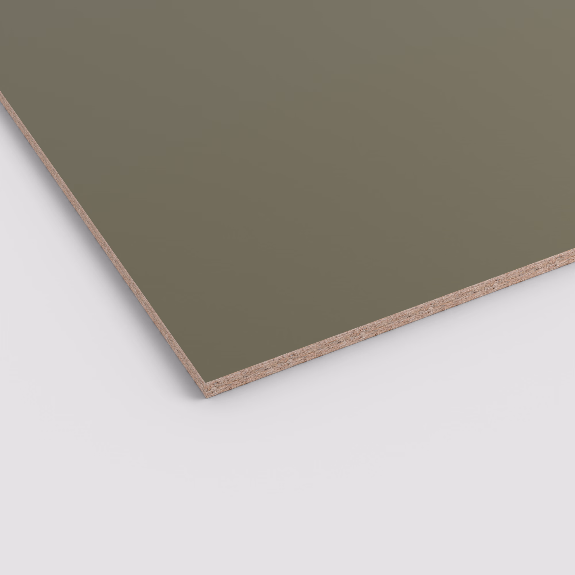 Robuste EGGER Eurodekor Spanplatte U645 ST9 mit matter, olivgrüner Oberfläche und sichtbarem Span-Kern, 19mm stark.