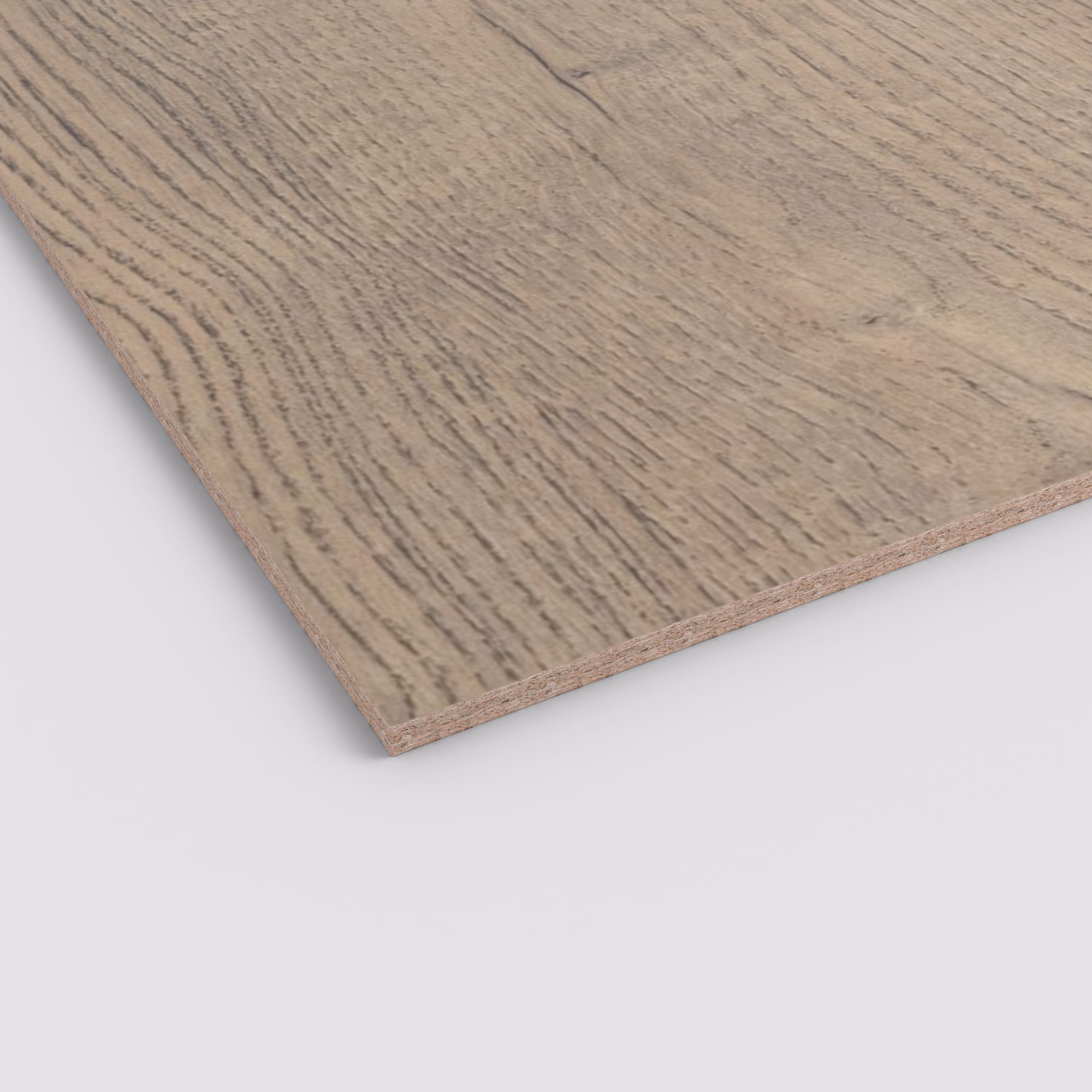 egger-19-mm-egger-eurodekor-span-h1357-st10-19x2070x2800mm-recyclebar-abriebfest-lichtecht-antimikrobielle-oberflaeche-span-01 Graubraune EGGER Dekorspanplatte H1357 ST10 mit realistischer Eichenmaserung. Die 19mm starke Kante zeigt den groben Spanplattenkern. Abriebfeste und lichtechte Oberfläche.