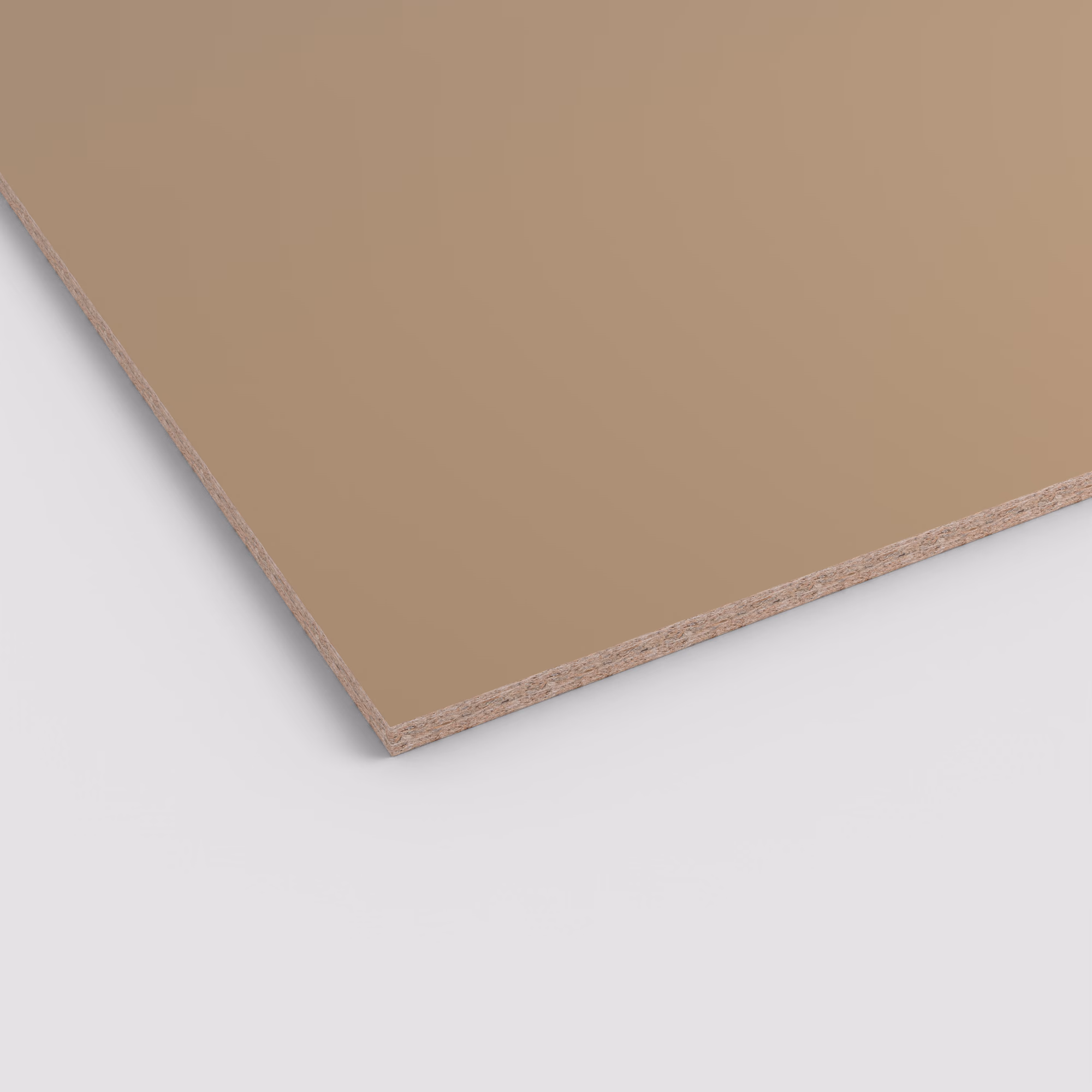 EGGER Eurodekor Spanplatte U250 ST9 in unifarbenem Beige. Die 19mm starke Platte zeigt eine glatte Oberfläche und einen sichtbaren Spanplattenkern an der Kante. Abriebfest und lichtecht.