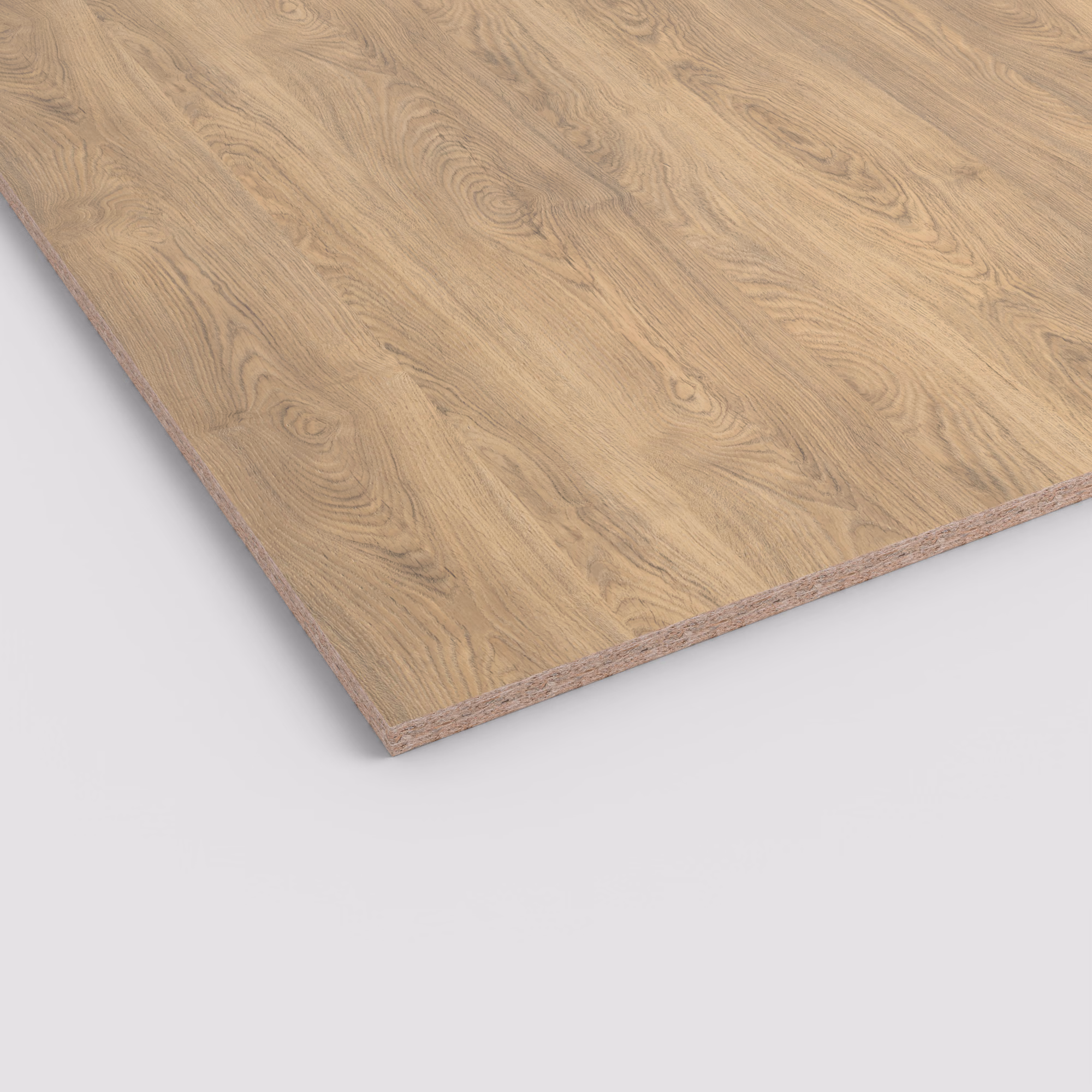 egger-19-mm-egger-eurodekor-span-h3322-st17-19x2070x2800mm-recyclebar-abriebfest-lichtecht-antimikrobielle-oberflaeche-span-holz-01 Egger Eurodekor Dekorspanplatte H3322 ST17 mit heller, naturgetreuer Eichenmaserung. Die Nahaufnahme zeigt die 19 mm starke Kante mit sichtbarem Spanplattenkern.