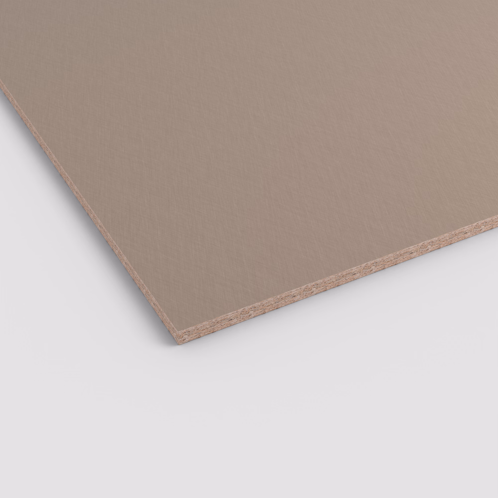 EGGER Eurodekor Dekorspanplatte F579 ST20, 19 mm stark. Die Platte zeigt eine glatte, matte Oberfläche in warmem Taupe-Braun und den charakteristischen Spanplattenkern an der Schnittkante.