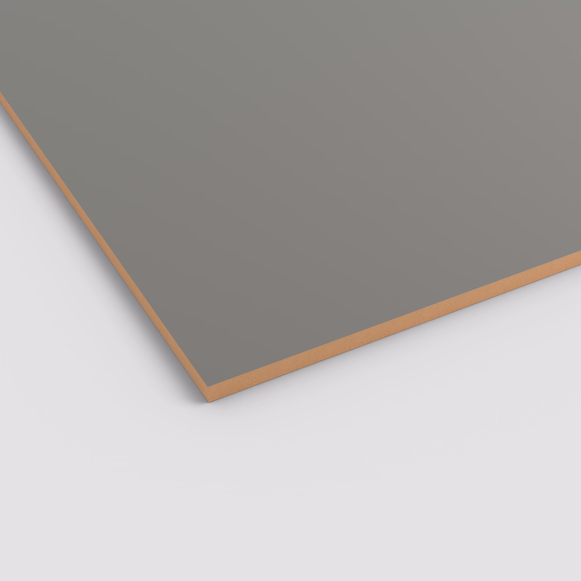 egger-19-mm-egger-perfectsense-matt-lackplatten-mdf-u669-pm-19x2070x2800mm-kratzfest-fleckenunempfindlich-resistent-gegen-mikrokratzer-unifarben-matte-oberflaeche-antibakteriell-01 Graue Egger PerfectSense Matt MDF-Platte mit samtiger, kratzfester Oberfläche. Die Ecke zeigt den 19mm starken, braunen MDF-Kern.