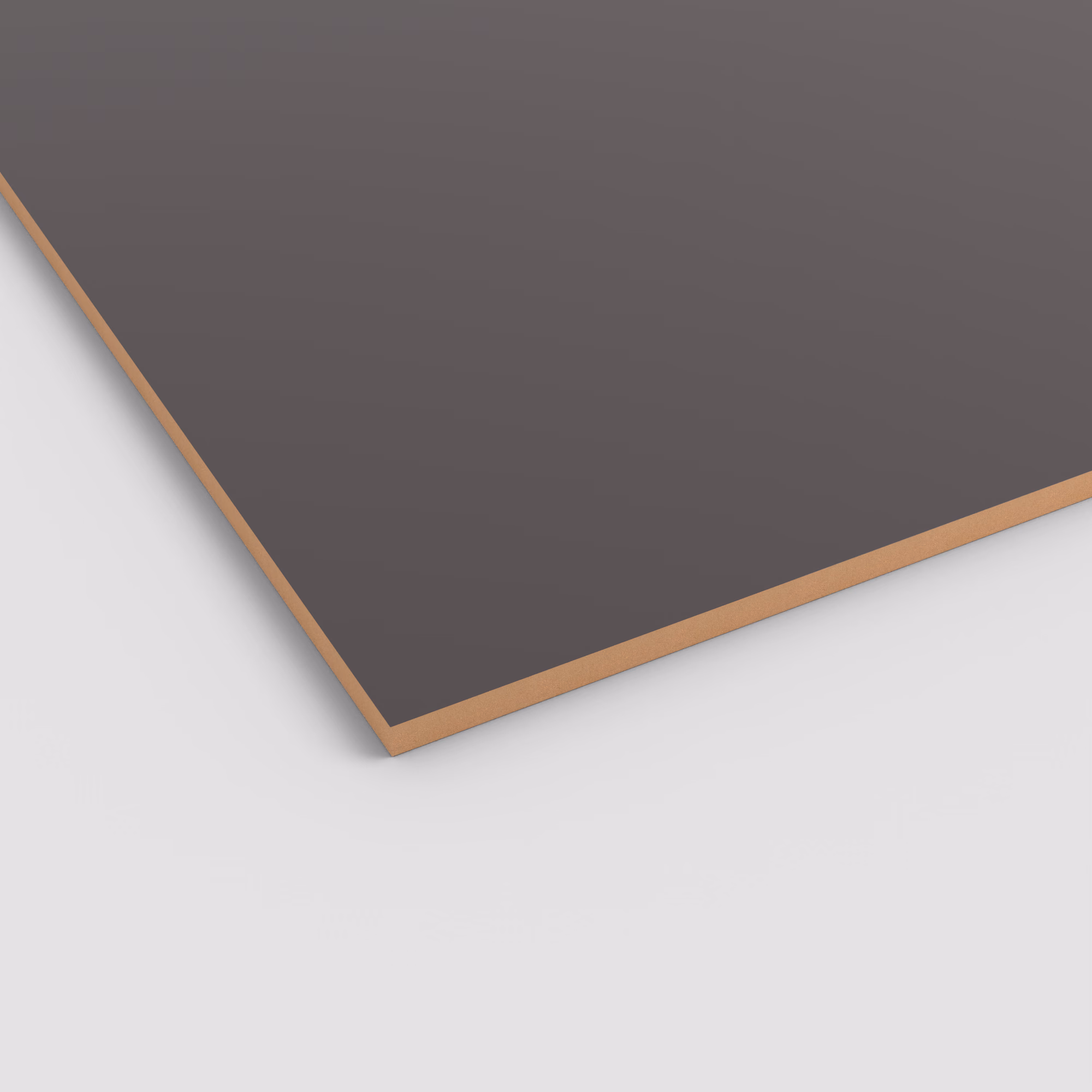 egger-19-mm-egger-perfectsense-matt-lackplatten-mdf-u755-pm-19x2070x2800mm-kratzfest-fleckenunempfindlich-resistent-gegen-mikrokratzer-unifarben-matte-oberflaeche-antibakteriell-01 Ecke einer dunkelgrauen EGGER PerfectSense Matt MDF-Platte U755 PM. Die 19mm starke Lackplatte zeigt eine extrem matte, unifarbene Oberfläche und den sichtbaren hellbraunen MDF-Kern an der Kante.