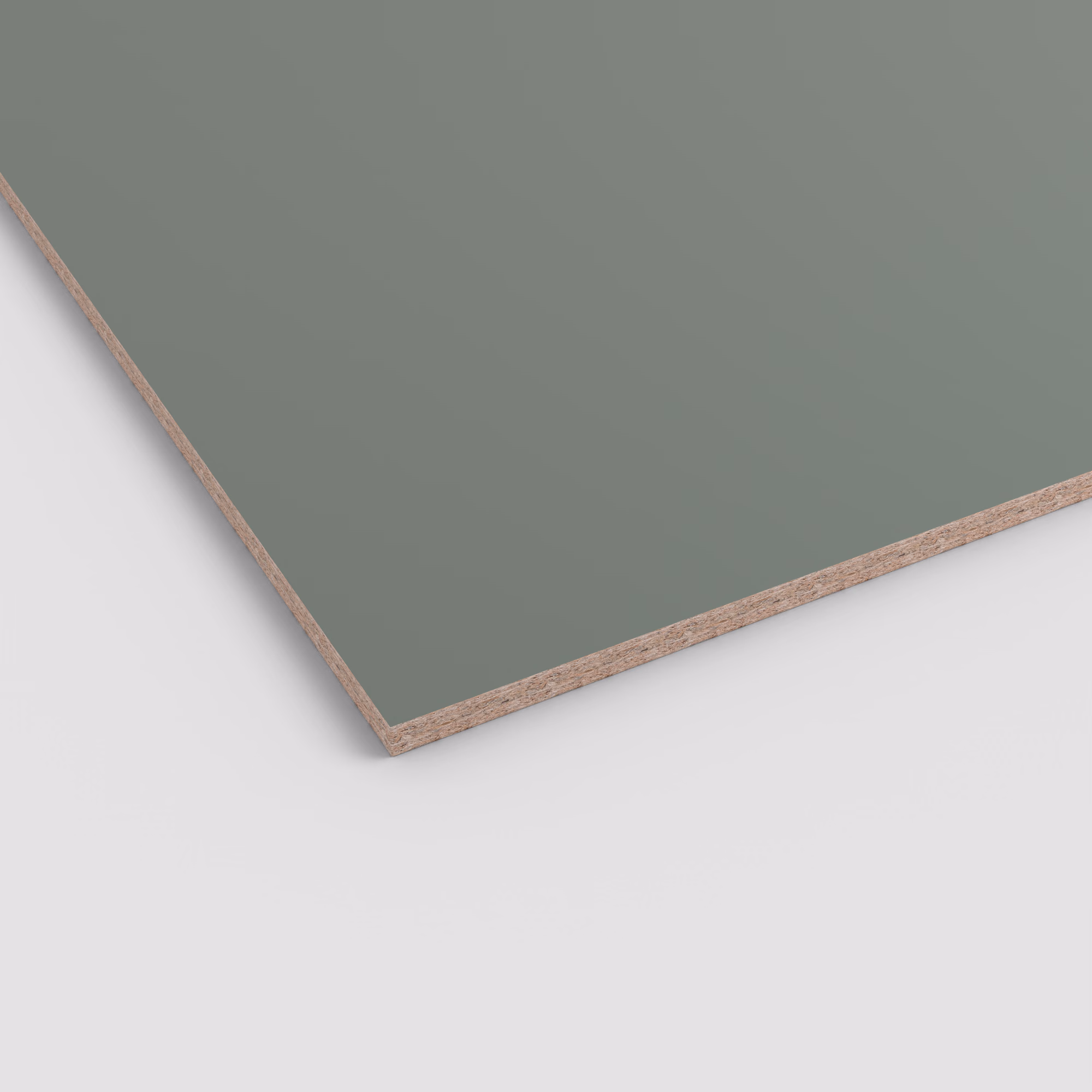 EGGER Dekorspanplatte U604 ST9 in 25 mm Stärke. Matte, unifarbene Oberfläche in gedecktem Graugrün mit sichtbarer Spanplattenkante. Robustes, abriebfestes Material.