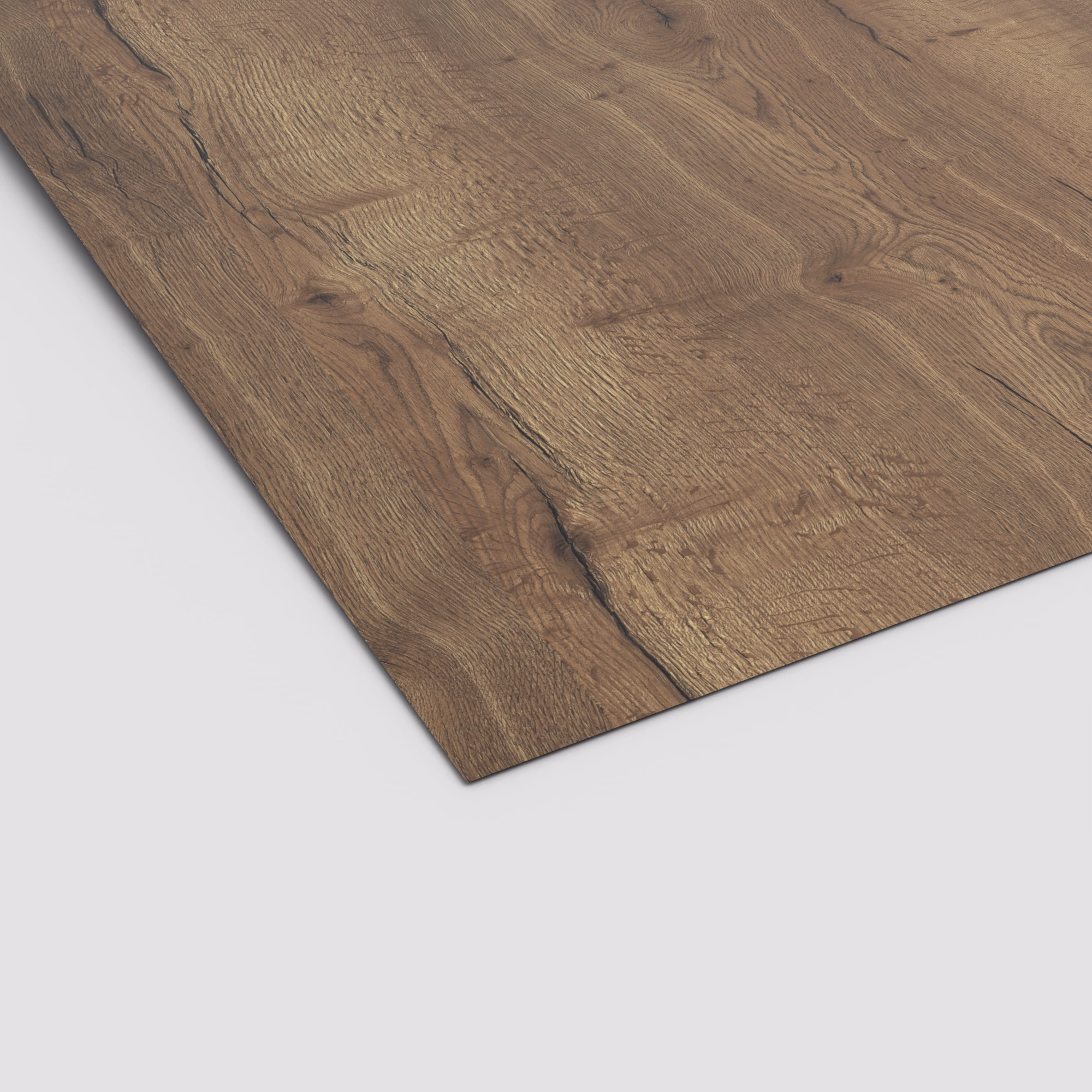 egger-08-mm-egger-schichtstoff-h1181-st37-08x2060x2790mm-recyclebar-abriebfest-hpl-high-pressure-laminate-lichtecht-antimikrobielle-oberflaeche-holz-01 Egger Schichtstoffplatte H1181 ST37 (0,8 mm) in mittelbrauner, rustikaler Eichenoptik. Die HPL-Oberfläche zeigt eine markante Maserung mit Rissen und Ästen.