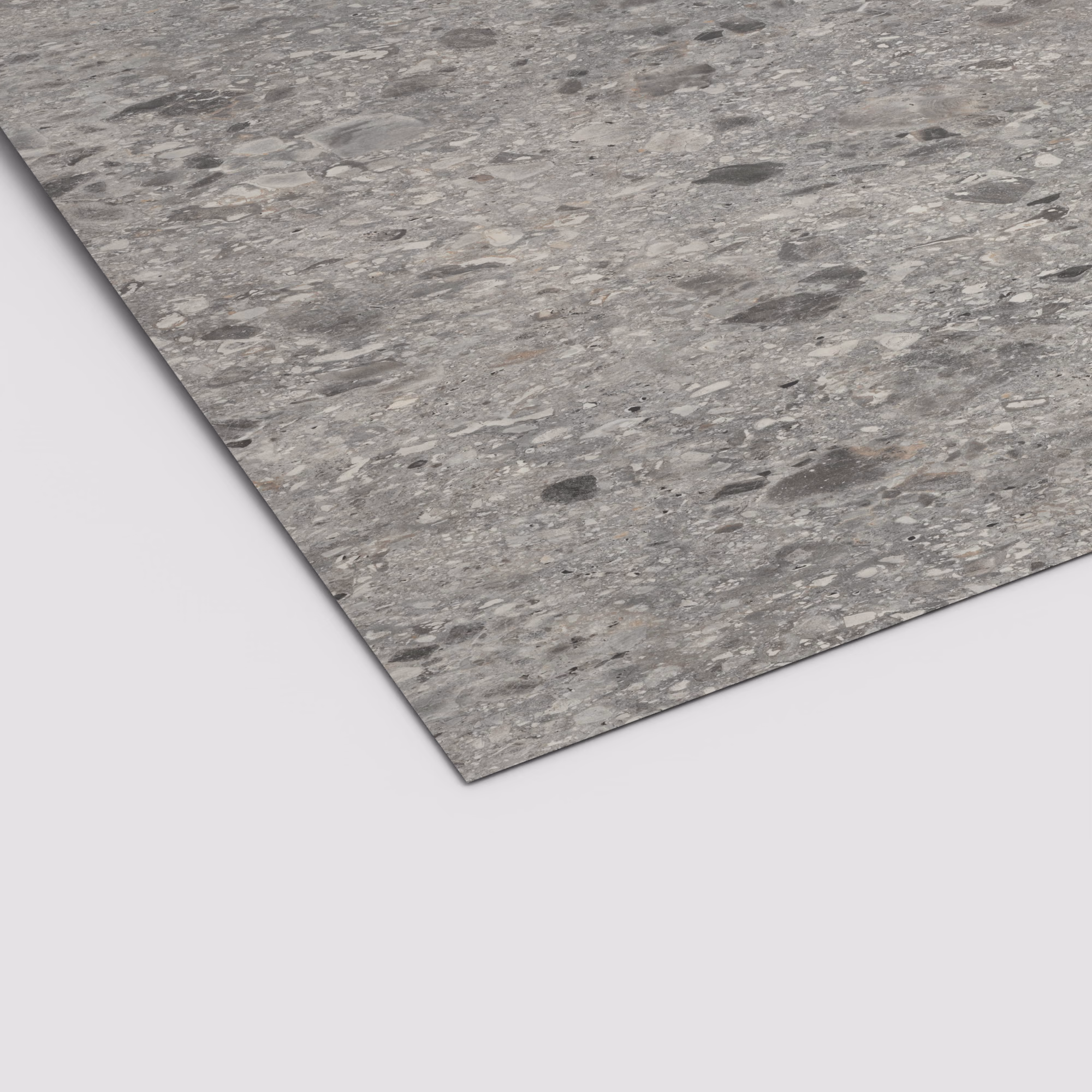 EGGER HPL Schichtstoffplatte F021 ST75 in grauer Terrazzo-Steinoptik. 0,8 mm starkes, abriebfestes und lichtechtes Material im Format 3050x1310 mm.