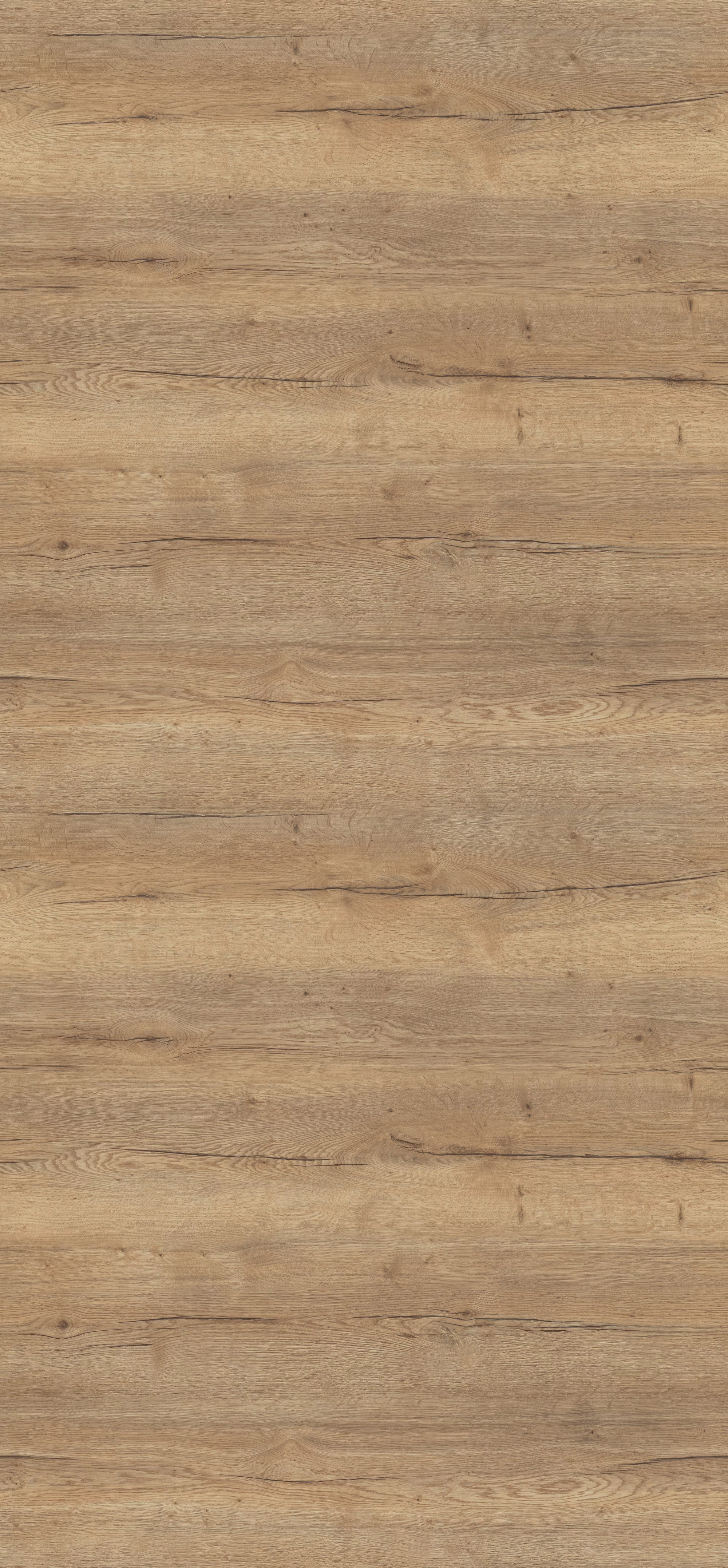 Egger HPL-Schichtstoffplatte H180 ST86 in Eichenoptik, 0,8 mm Stärke, 1020x2150 mm. Die lichtechte, abriebfeste und antimikrobielle Oberfläche zeigt eine natürliche Holzmaserung mit feinen Rissen.