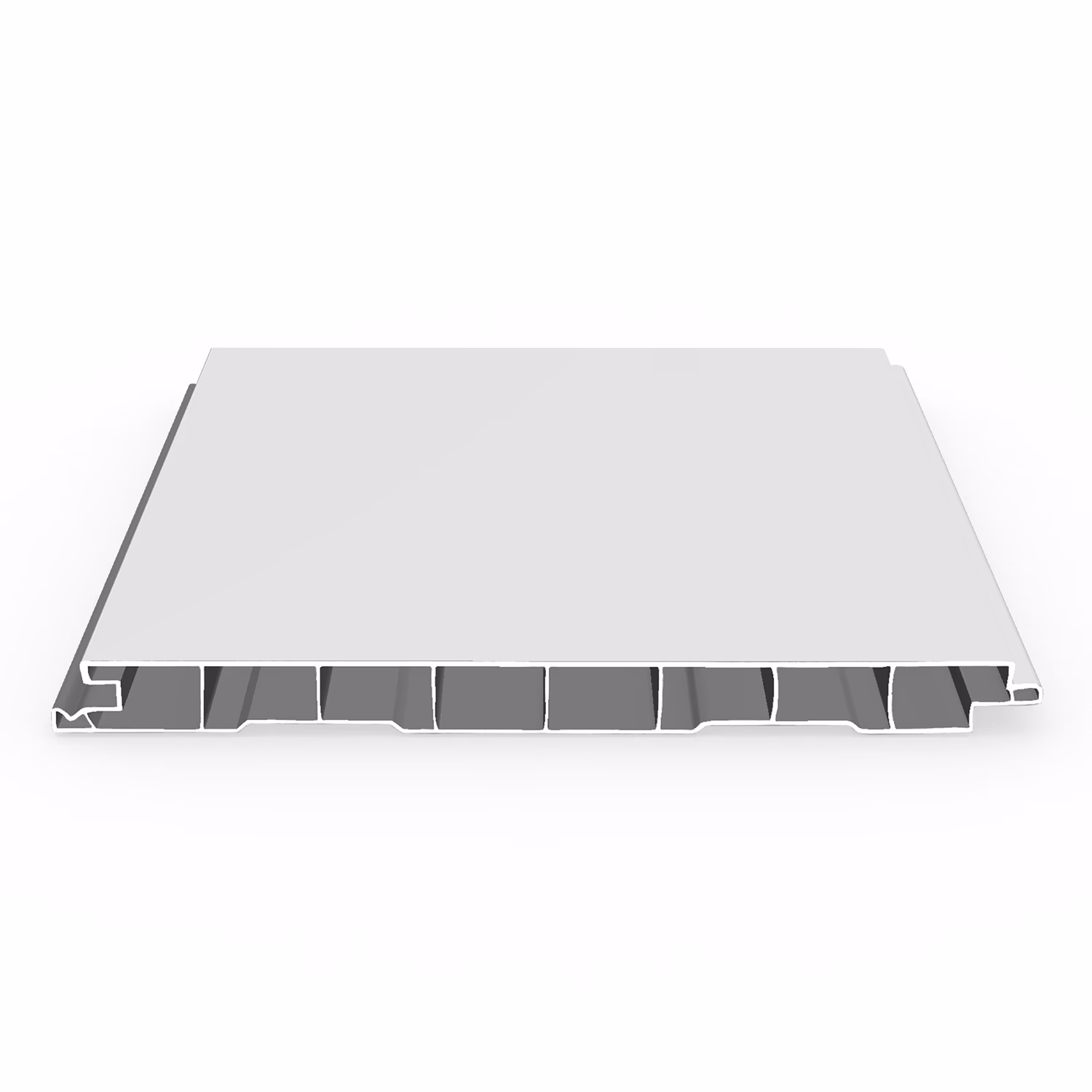 Weißes profil dekor dekodeck PVC-Verkleidungspaneel (17x200x6000 mm) mit stabiler Hohlkammerstruktur. Glattes Profil für vielseitige Verkleidungen im Innen- und Außenbereich.