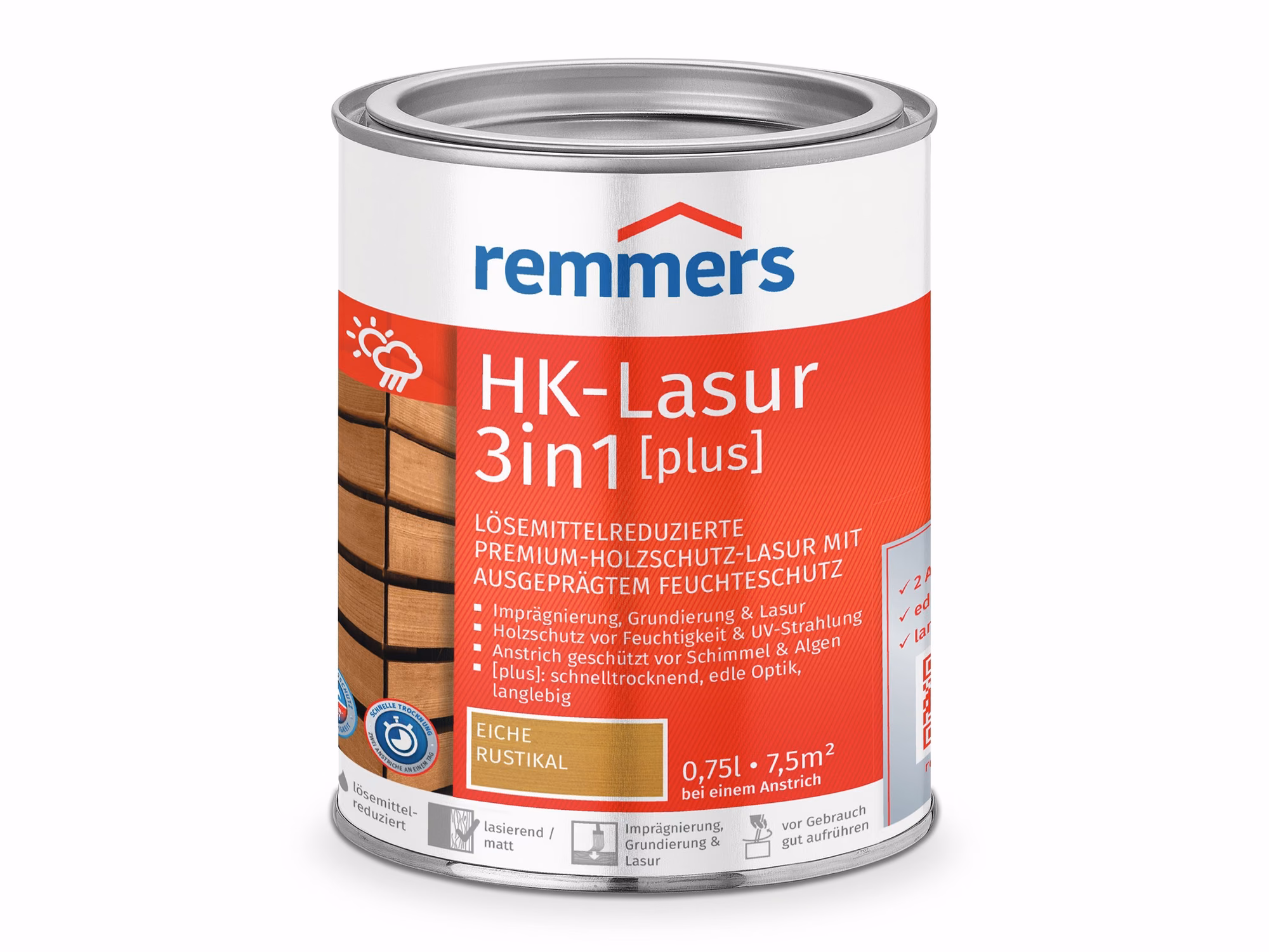 Metallose der remmers HK-Lasur Plus in Eiche Rustikal. Das Etikett zeigt den matten, warmen Braunton der 3in1 Holzschutz-Lasur auf Holz mit erkennbarer Maserung.