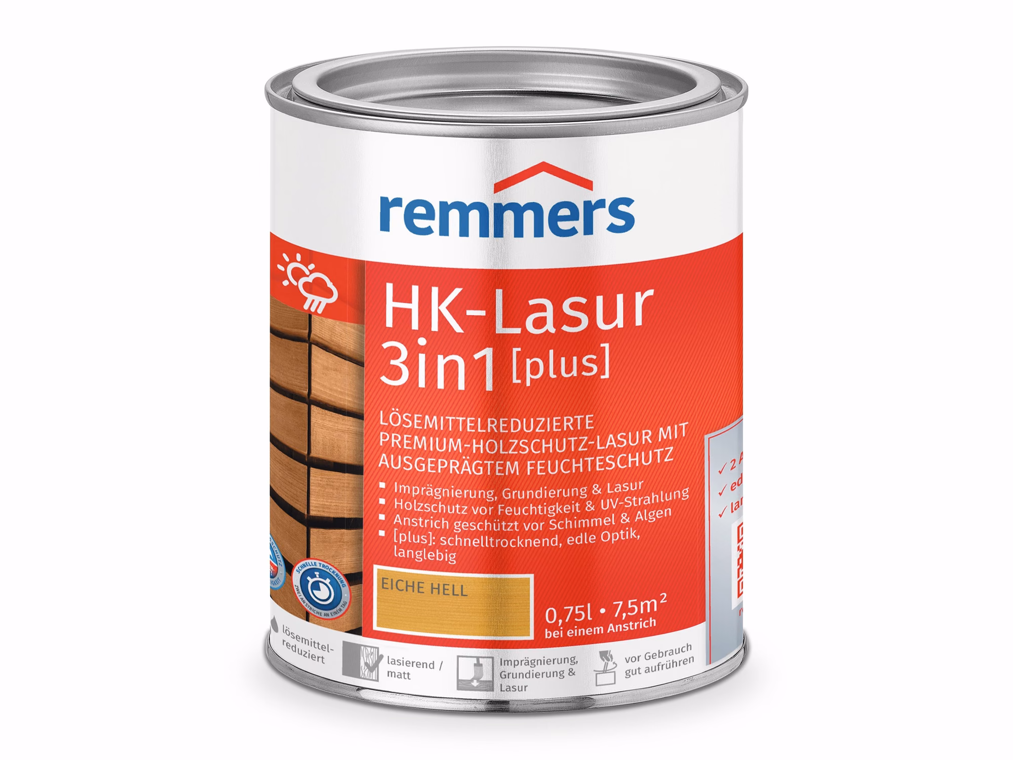 remmers-remmers-hk-lasur-plus---eiche-hell-0x0mm-01 Remmers HK-Lasur Plus in einer Metalldose. Das Etikett zeigt den Farbton Eiche hell als warmen, lasierenden Anstrich auf gemasertem Holz für Premium-Holzschutz.