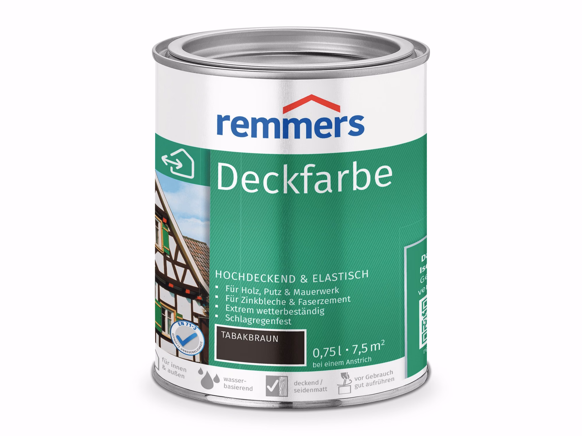 remmers-remmers-deckfarbe---tabakbraun-0x0mm-01 Eine metallene Dose Remmers Deckfarbe im dunklen Farbton Tabakbraun. Das grüne Etikett zeigt die hochdeckende Holzanstrich-Farbe für außen und innen.